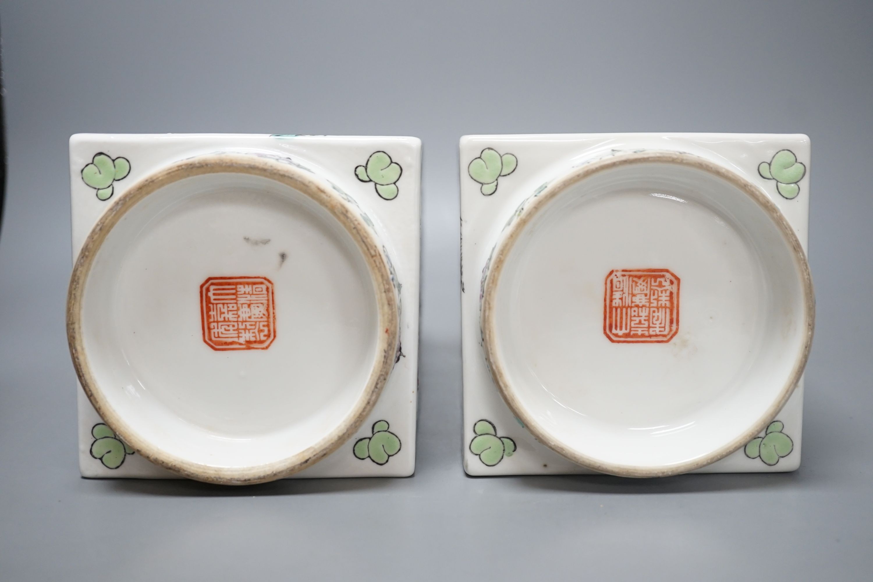A pair of Chinese famille rose cong shaped vases, 28cms high.